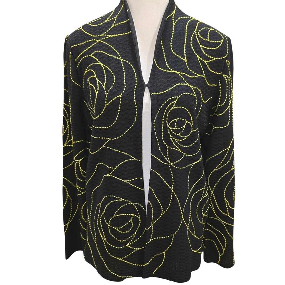 Ming Wang Cardigan Black Chartreuse Yellow Rose Embroidered Knit Jacket Large
